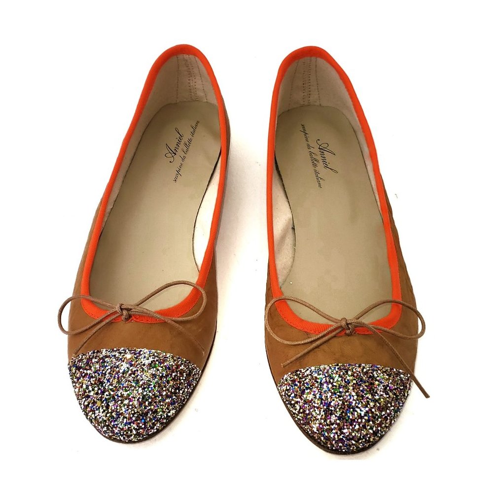 Anniel Shoes Ballerina Brown Leather Glitter Toe Shoes Ballet Flats Sz 10 BOX